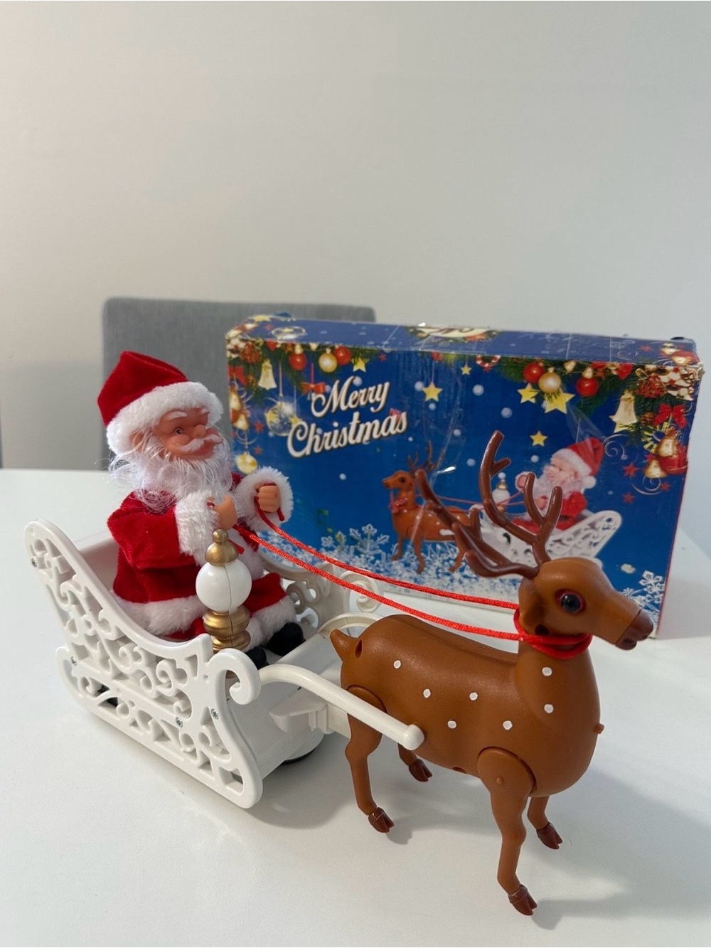 Festive Santa and Reindeer Sleigh Holiday Decor - Red and White
